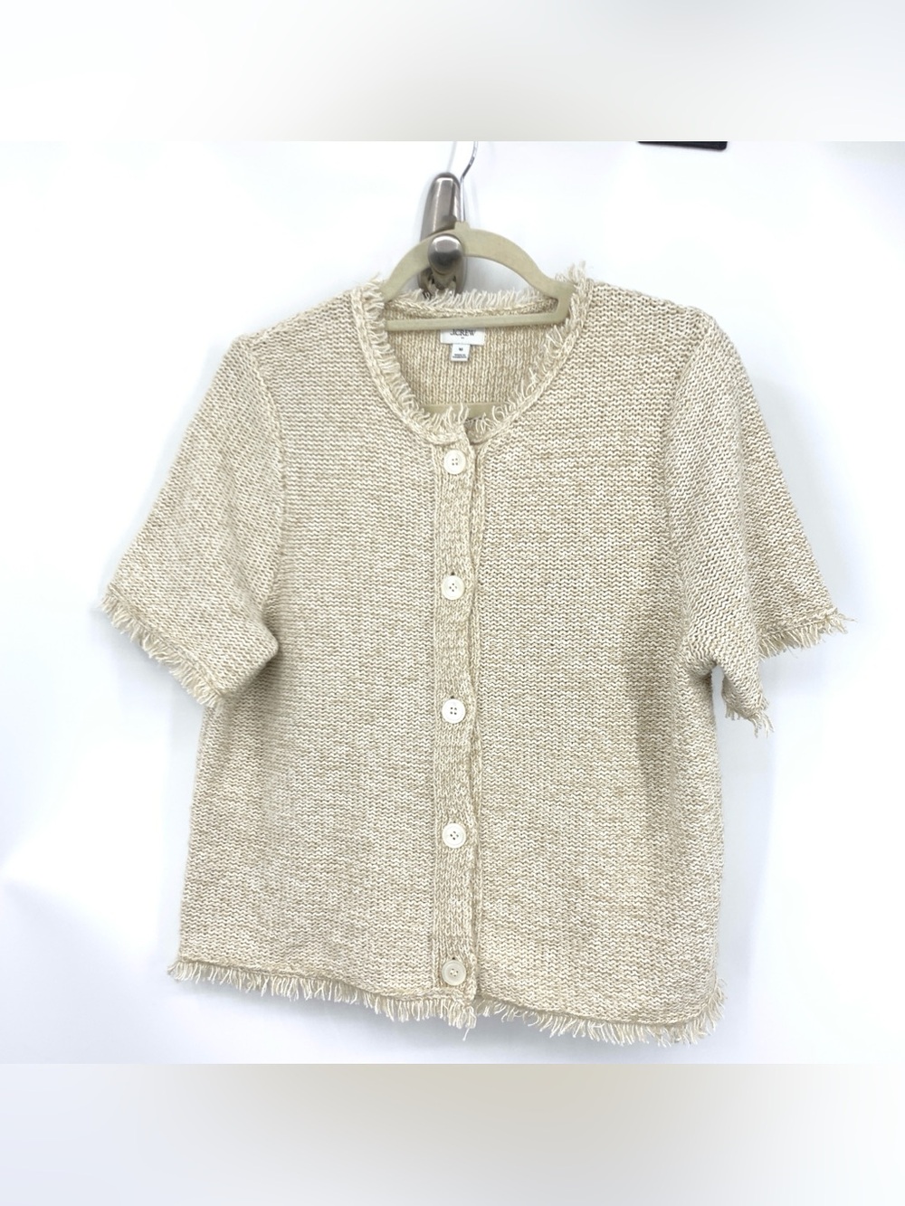 J Crew Women Size Medium Sweater Beige Brown Cardigan Top Fringe Short Sleeve